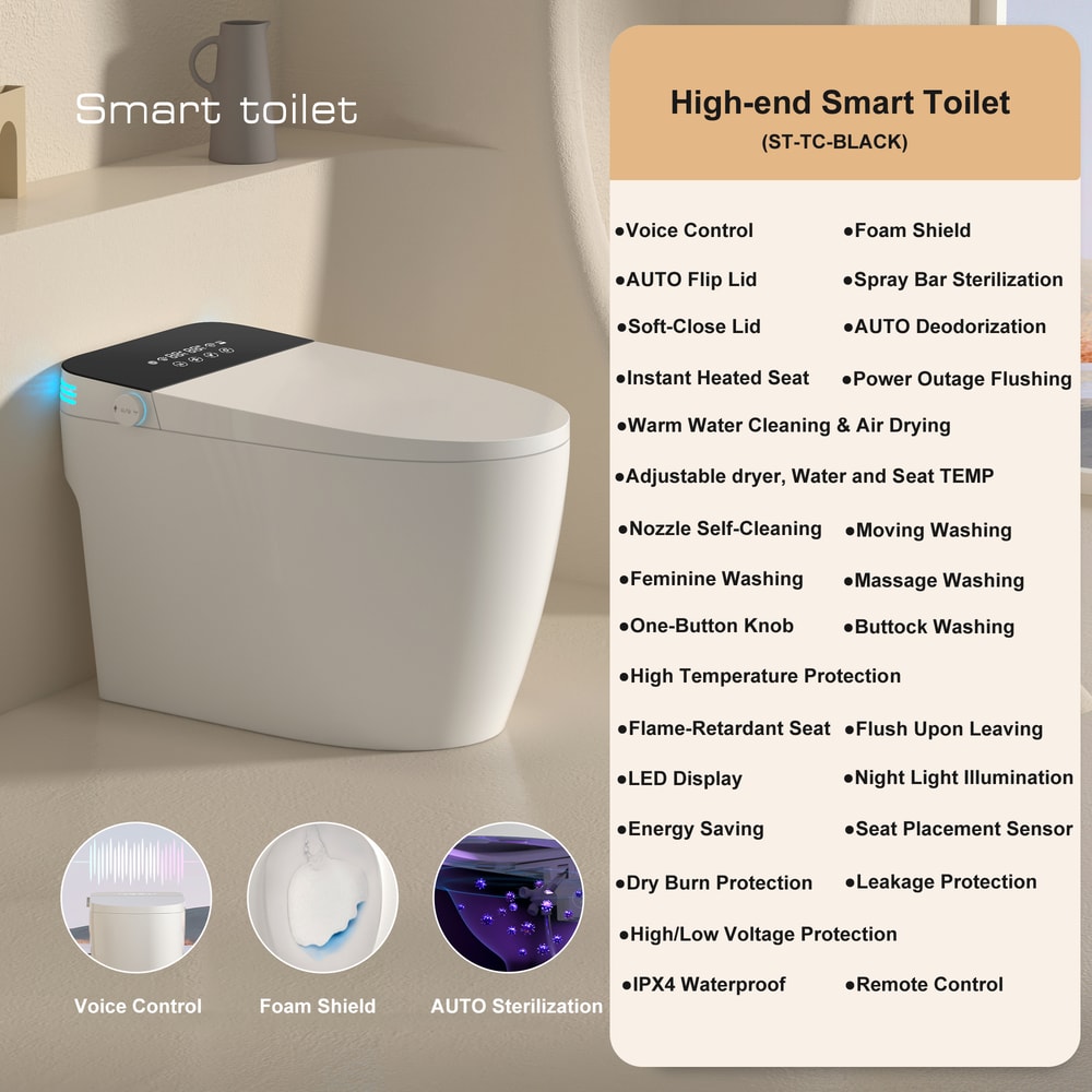 Smart Toilet with Built-in Bidet, AUTO Open/Close, Warm Water Sprayer, Heated Bidet Toilet Seat for Bathrooms, AUTO Dual