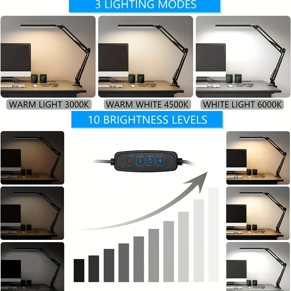 LED Desk Lamp For Home Adjustable EyeCaring Desk Light With Clamp Color Modes Brightness Settings F 4