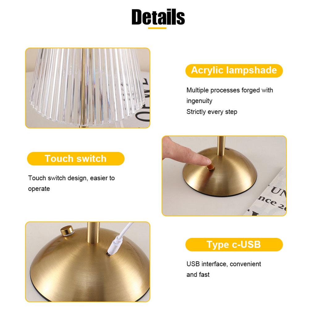 Alloy Touch Sensor LED Table Lamp, Rechargeable Desk Lamp, 3 Colors Adjustable, Bedside Light for Restaurants, Hotels