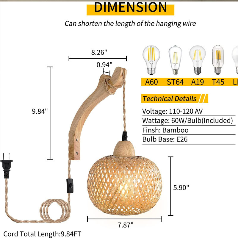 Bamboo Lantern Wall Lamp, Hand-Woven Rattan Chandeliers, Natural Bamboo Room Decor, Wicker Wall Light Fixtures Elegant