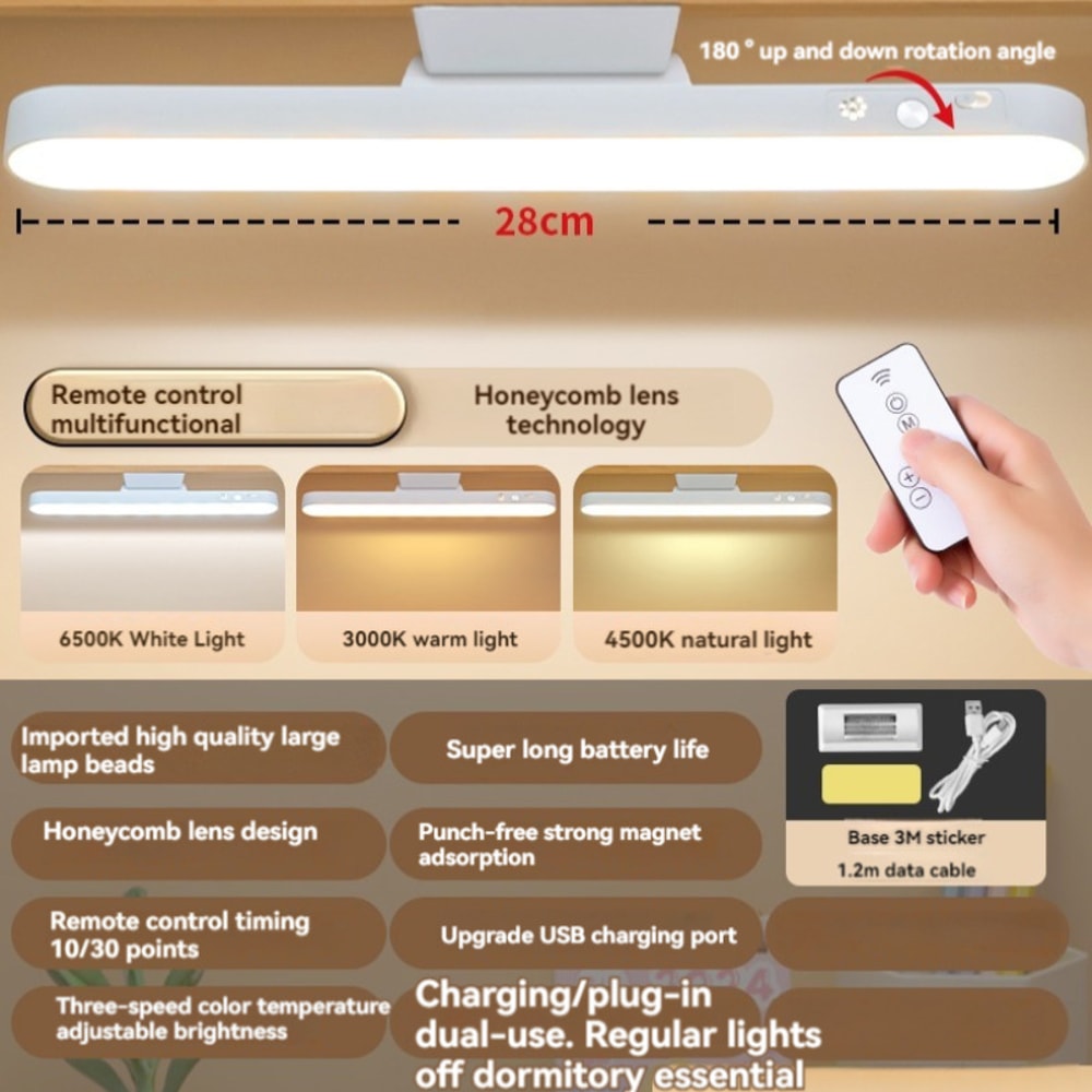 LED Magnetic Eye Protection Desk Lamp Remote Reading Switch USB Rechargeable ThreeSpeed Stepless Di 6