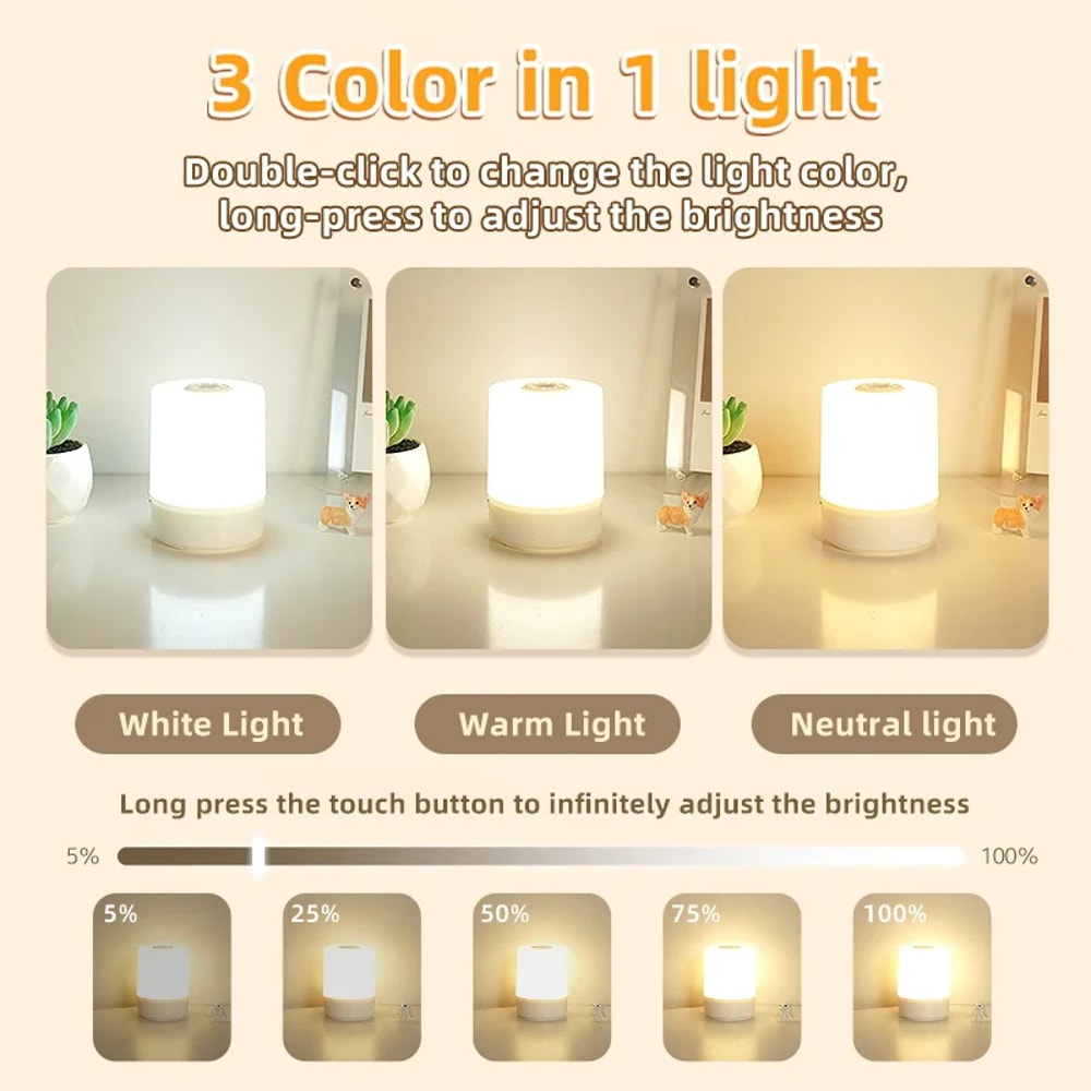 Touch Night Lamp, Dimming Bedroom Bedside Lamp, USB Charging Night Light, Ambient Light, Soft Light Table Lamp for Kids