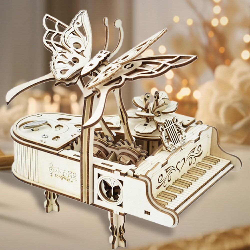 Wooden Puzzle Music Box Piano Model Kit, DIY Assembly Musical Instrument Building Kits, Home Decor Crafts Gift for Adult