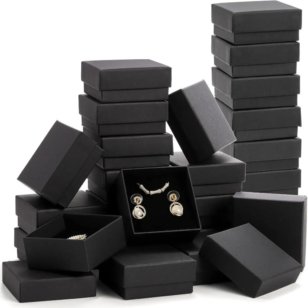 Black Kraft Jewelry Gift Box, Cardboard Ring Necklace Earring Organizer, Packaging Case with Sponge Inside