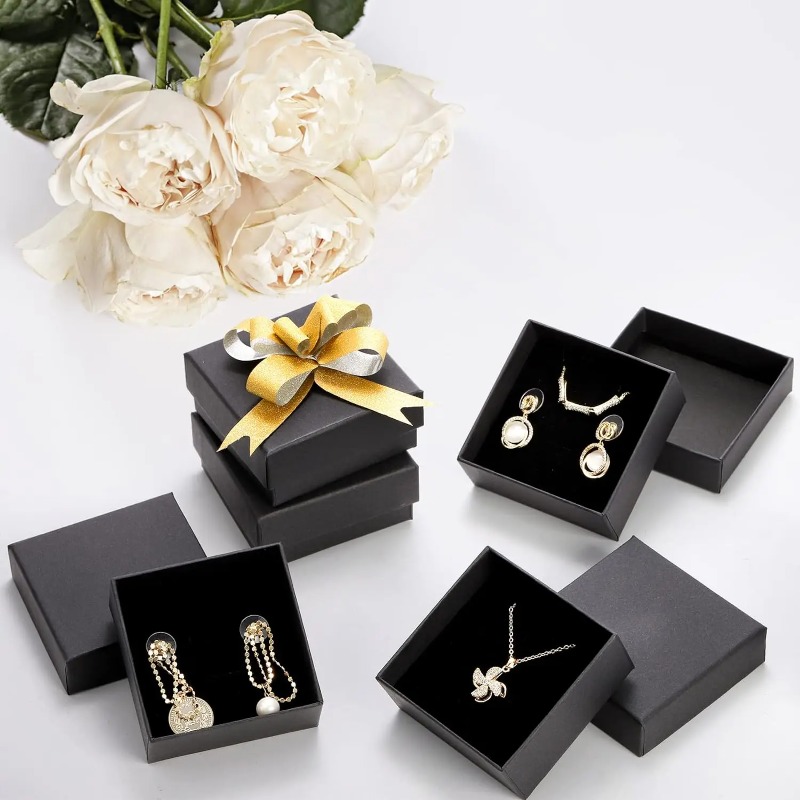 Black Kraft Jewelry Gift Box, Cardboard Ring Necklace Earring Organizer, Packaging Case with Sponge Inside