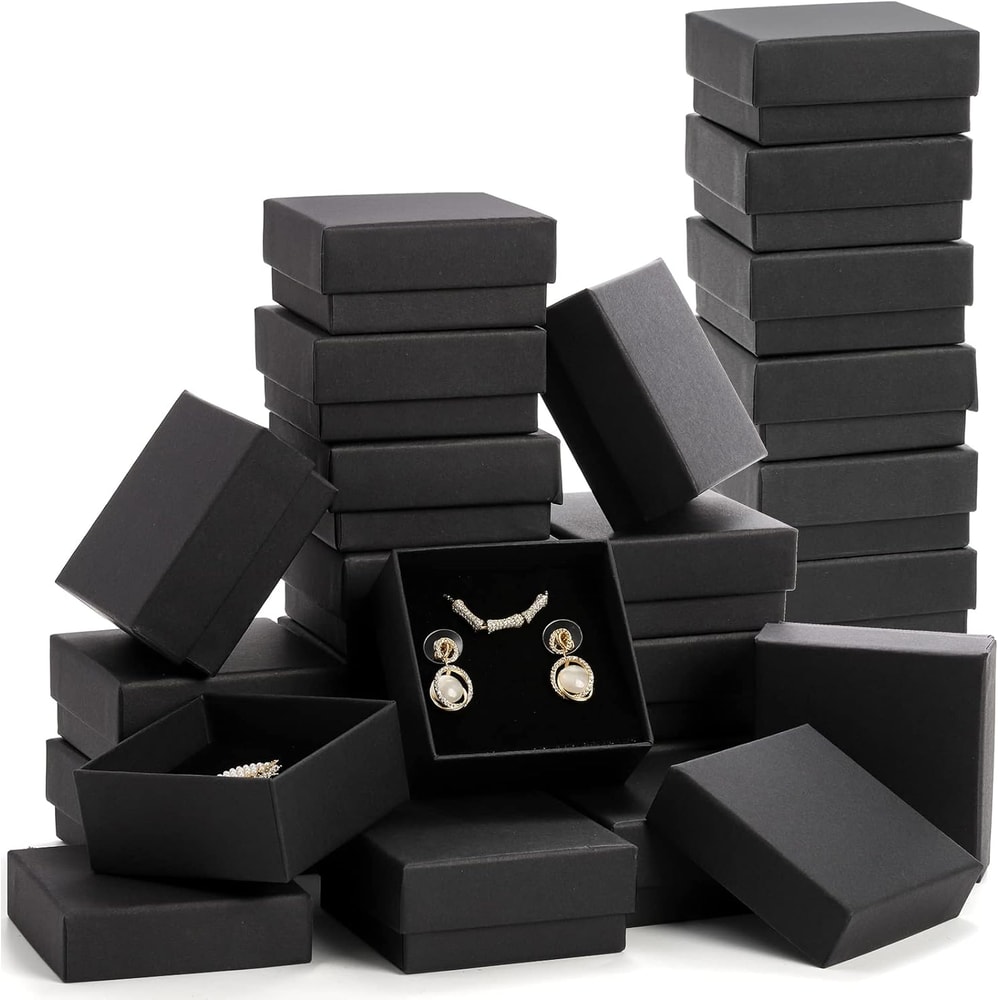 Black Kraft Jewelry Gift Box, Cardboard Ring Necklace Earring Organizer, Packaging Case with Sponge Inside