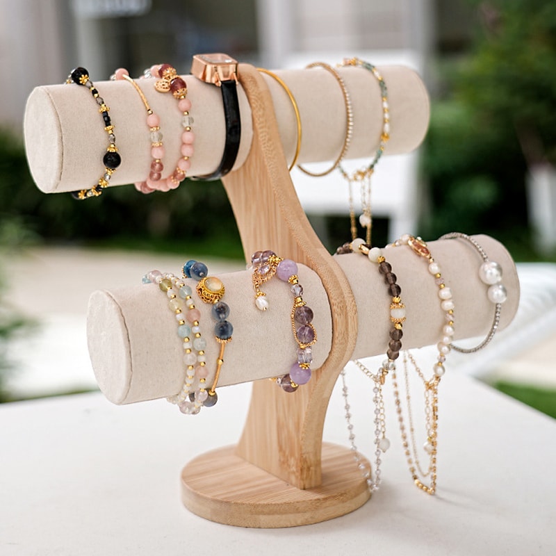 Double Layer Rack Organizer, Wood Jewelry Bracelet Storage Display, Chain Watch Stand Holder for Women, Easy Assembly