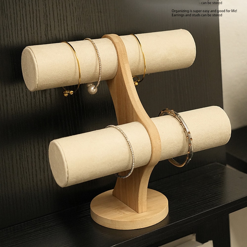 Double Layer Rack Organizer, Wood Jewelry Bracelet Storage Display, Chain Watch Stand Holder for Women, Easy Assembly