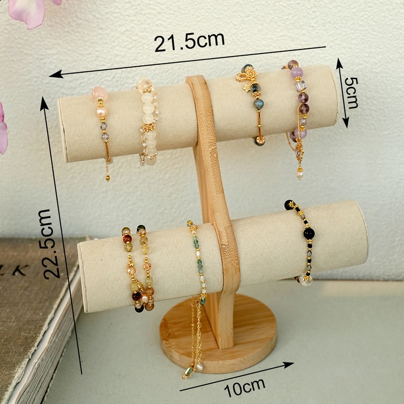 Double Layer Rack Organizer, Wood Jewelry Bracelet Storage Display, Chain Watch Stand Holder for Women, Easy Assembly
