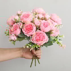 rose pink silk bouquet peony artificial flower, big heads, small buds, bride wedding home decoration