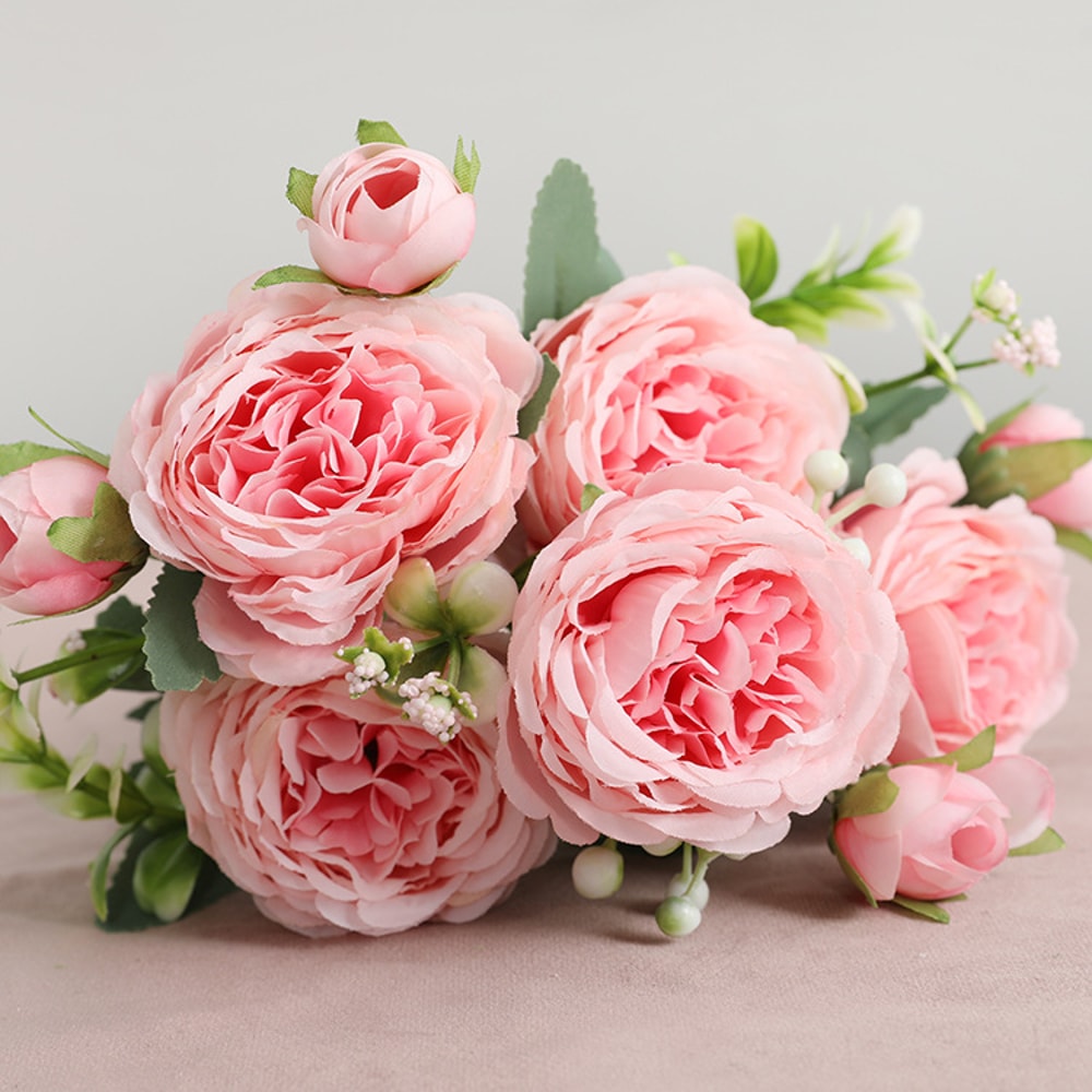 Rose Pink Silk Bouquet Peony Artificial Flower, Big Heads, Small Buds, Bride Wedding Home Decoration