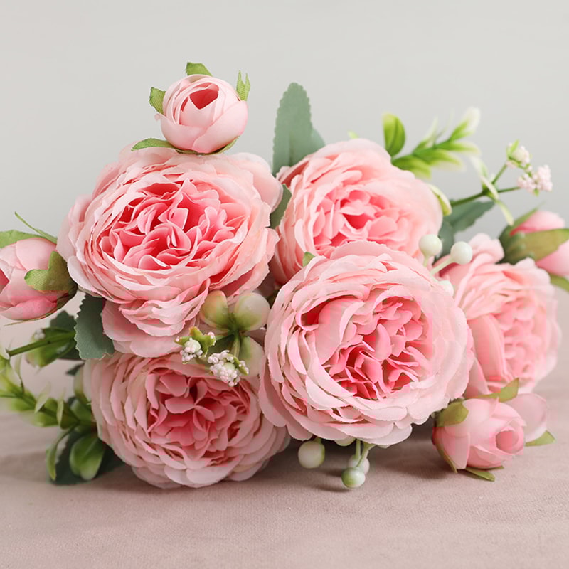 Rose Pink Silk Bouquet Peony Artificial Flower, Big Heads, Small Buds, Bride Wedding Home Decoration