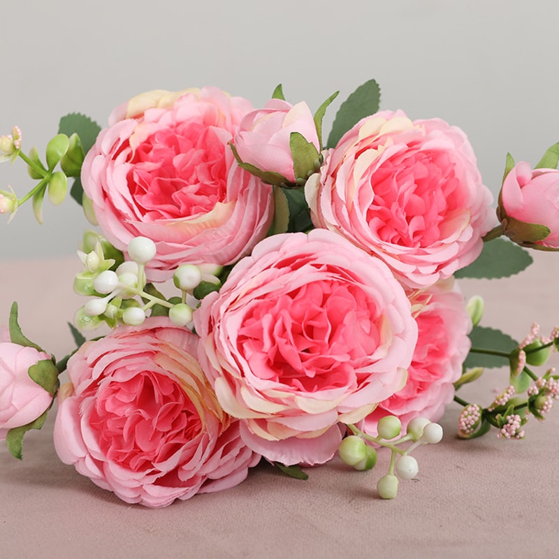 Rose Pink Silk Bouquet Peony Artificial Flower, Big Heads, Small Buds, Bride Wedding Home Decoration