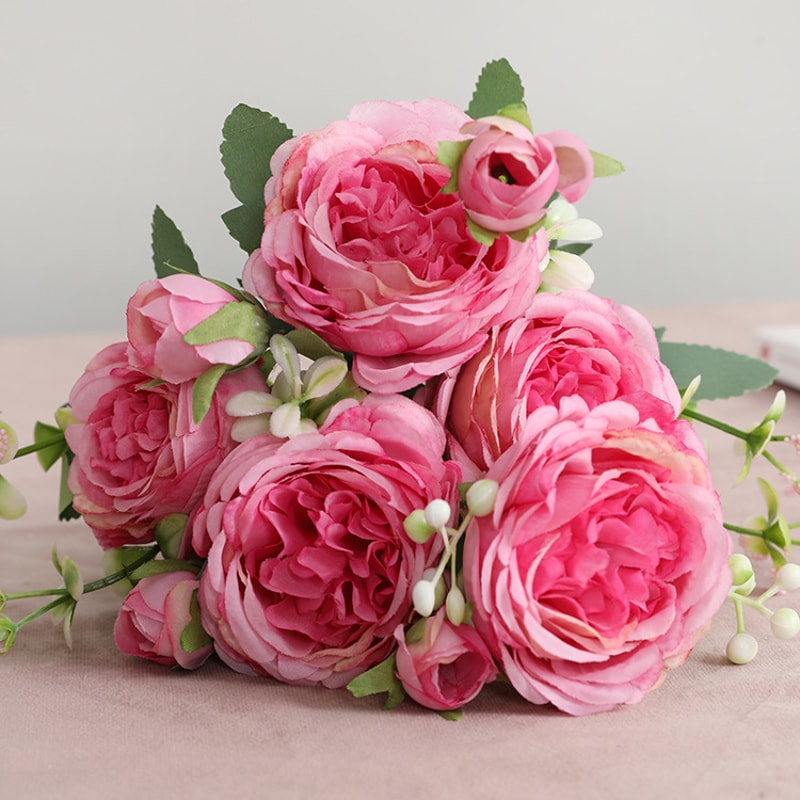 Rose Pink Silk Bouquet Peony Artificial Flower, Big Heads, Small Buds, Bride Wedding Home Decoration