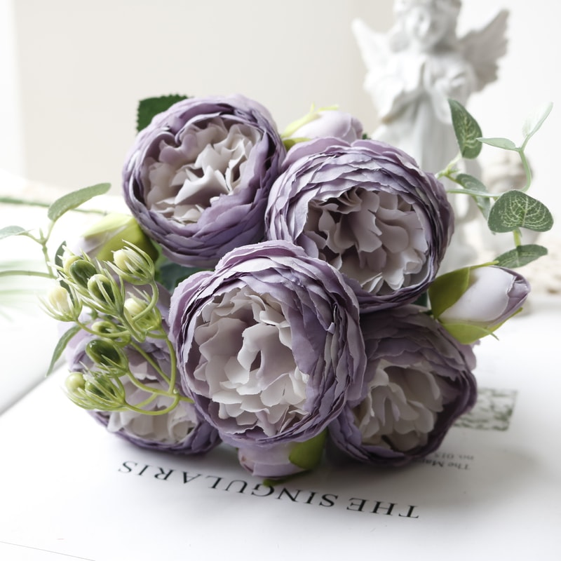 Rose Pink Silk Bouquet Peony Artificial Flower, Big Heads, Small Buds, Bride Wedding Home Decoration