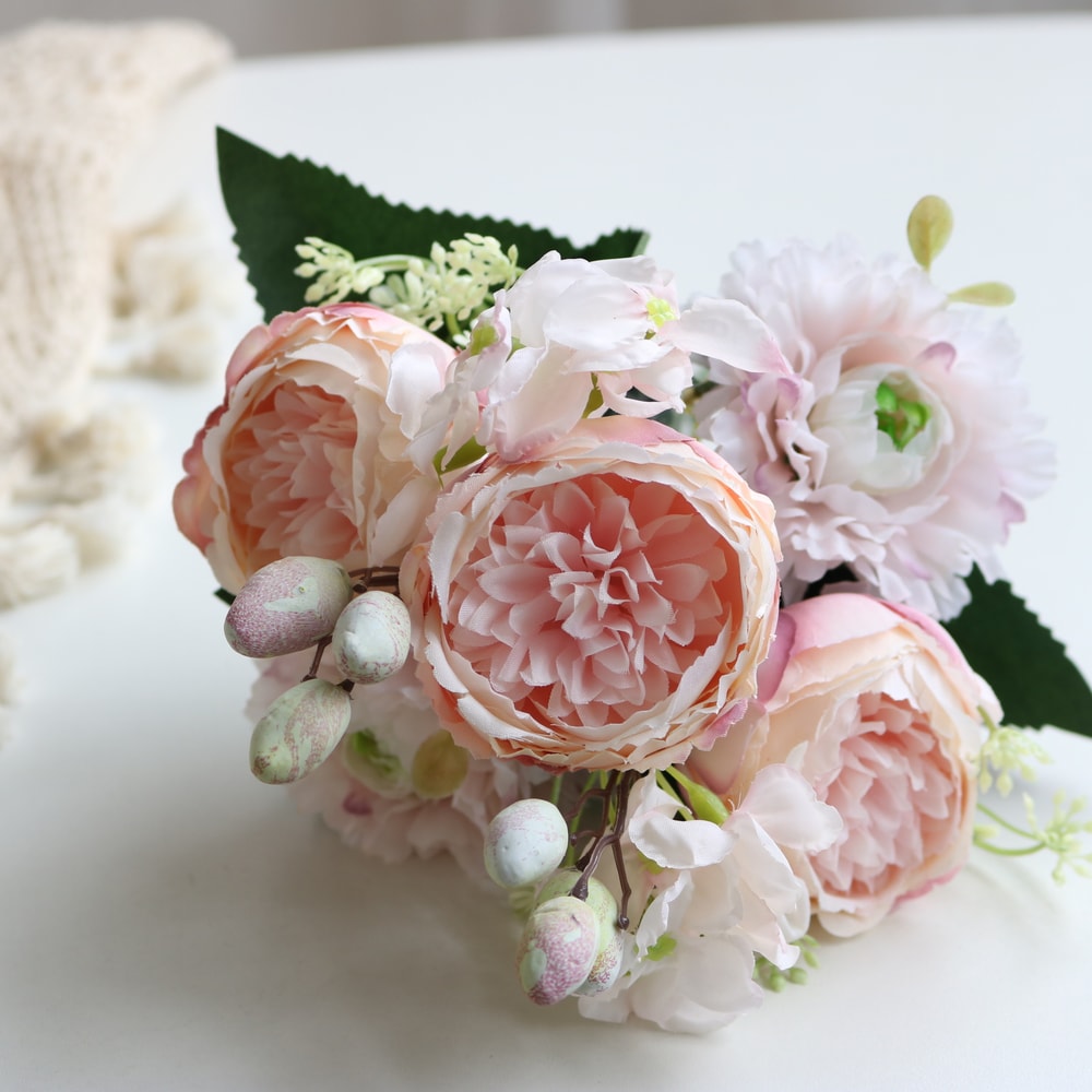 Rose Pink Silk Bouquet Peony Artificial Flower, Big Heads, Small Buds, Bride Wedding Home Decoration