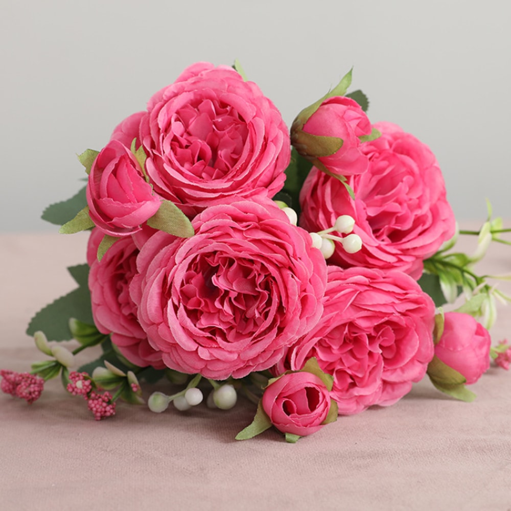 Rose Pink Silk Bouquet Peony Artificial Flower, Big Heads, Small Buds, Bride Wedding Home Decoration