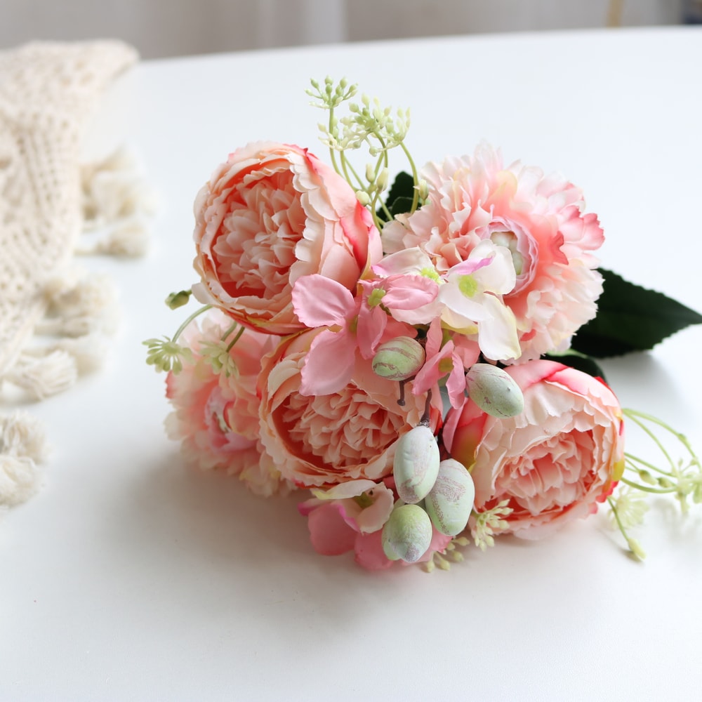 Rose Pink Silk Bouquet Peony Artificial Flower, Big Heads, Small Buds, Bride Wedding Home Decoration