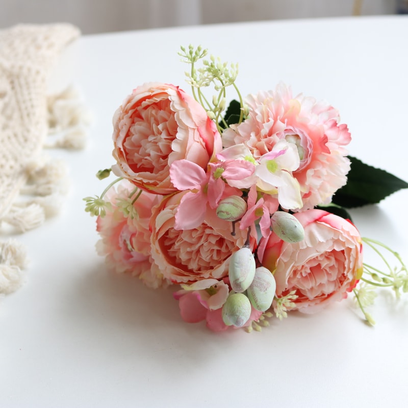Rose Pink Silk Bouquet Peony Artificial Flower, Big Heads, Small Buds, Bride Wedding Home Decoration