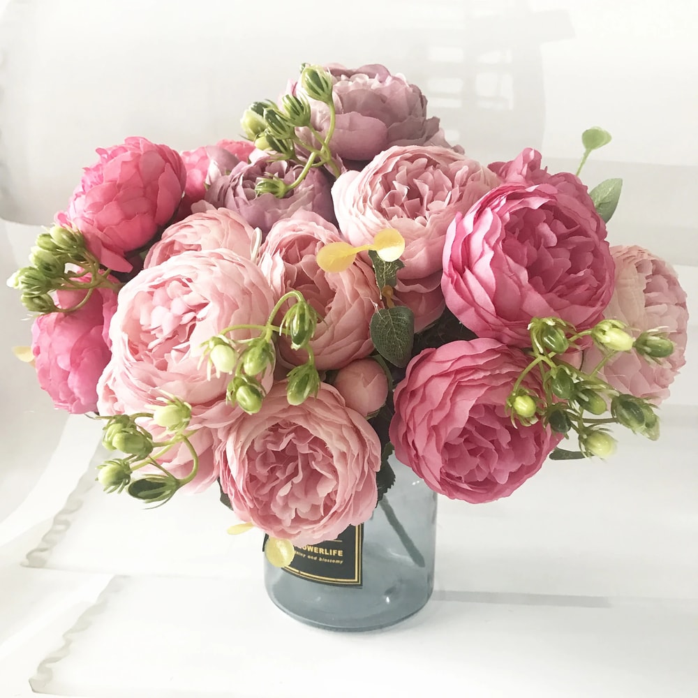 Rose Pink Silk Peony Artificial Flowers Bouquet, Big Head and Bud, Fake Flowers for Home and Wedding Decoration