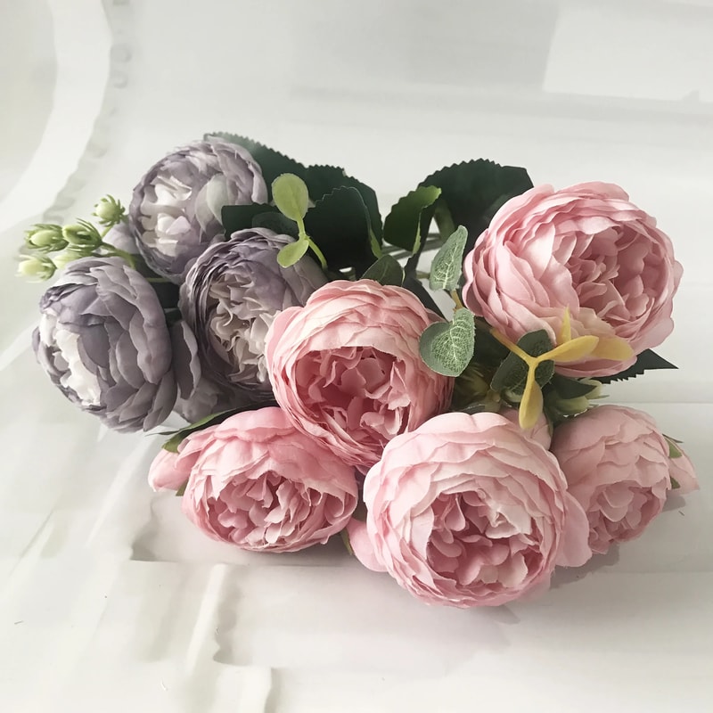 Rose Pink Silk Peony Artificial Flowers Bouquet, Big Head and Bud, Fake Flowers for Home and Wedding Decoration