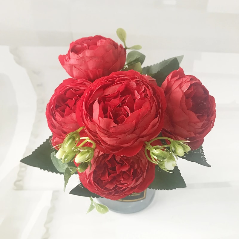 Rose Pink Silk Peony Artificial Flowers Bouquet, Big Head and Bud, Fake Flowers for Home and Wedding Decoration