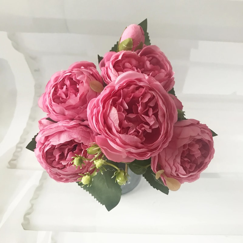 Rose Pink Silk Peony Artificial Flowers Bouquet, Big Head and Bud, Fake Flowers for Home and Wedding Decoration