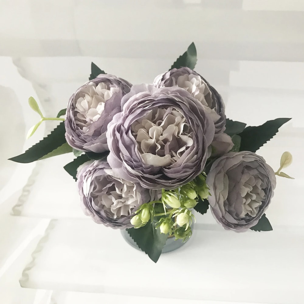 Rose Pink Silk Peony Artificial Flowers Bouquet, Big Head and Bud, Fake Flowers for Home and Wedding Decoration