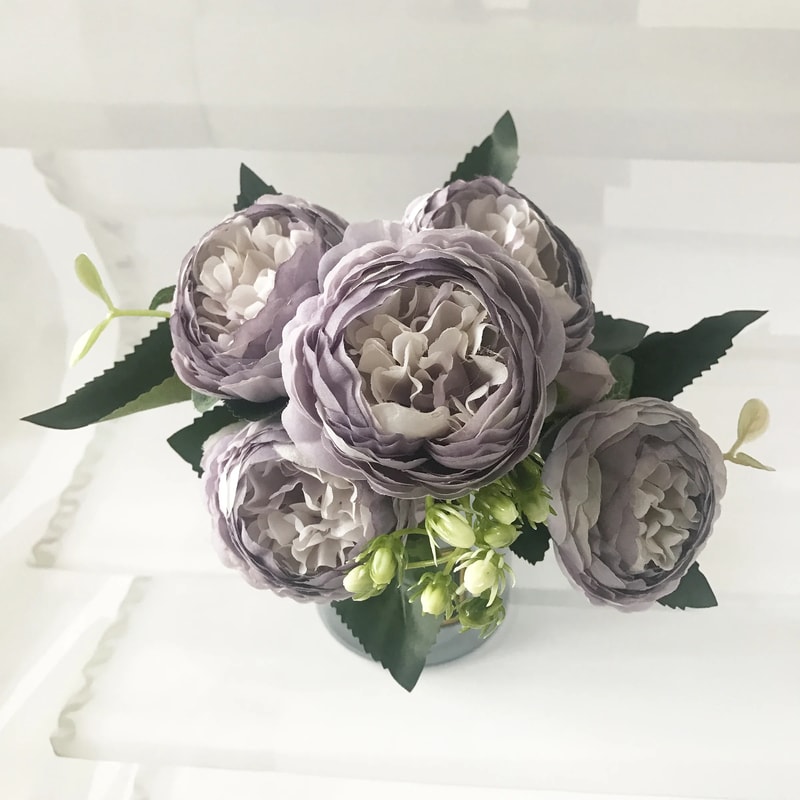 Rose Pink Silk Peony Artificial Flowers Bouquet, Big Head and Bud, Fake Flowers for Home and Wedding Decoration