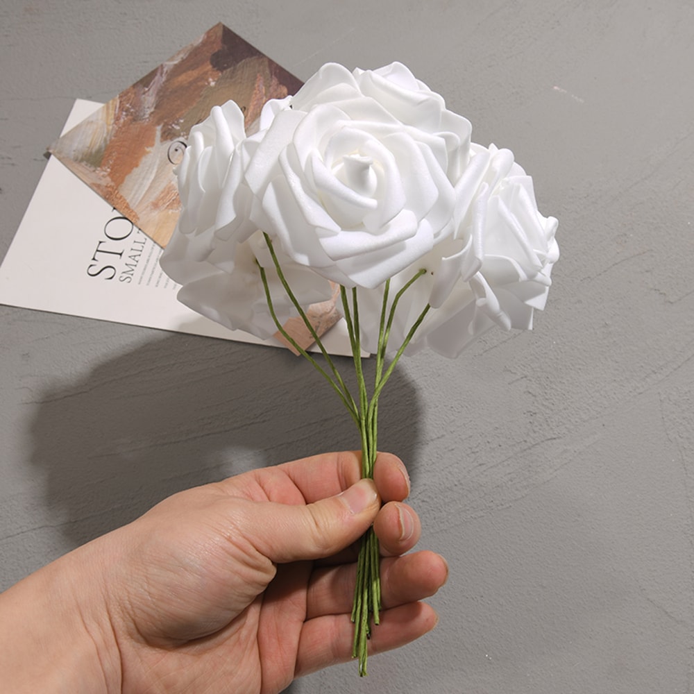 White Rose Artificial Flower Head With Stem DIY Bouquet Wedding Party Decoration Scrapbook Supplies 5