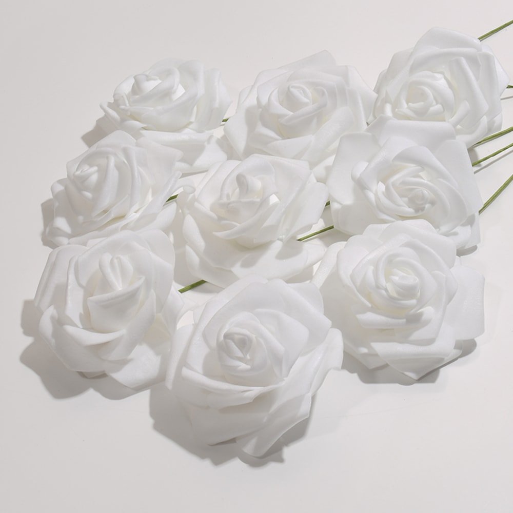 White Rose Artificial Flower Head With Stem DIY Bouquet Wedding Party Decoration Scrapbook Supplies 6