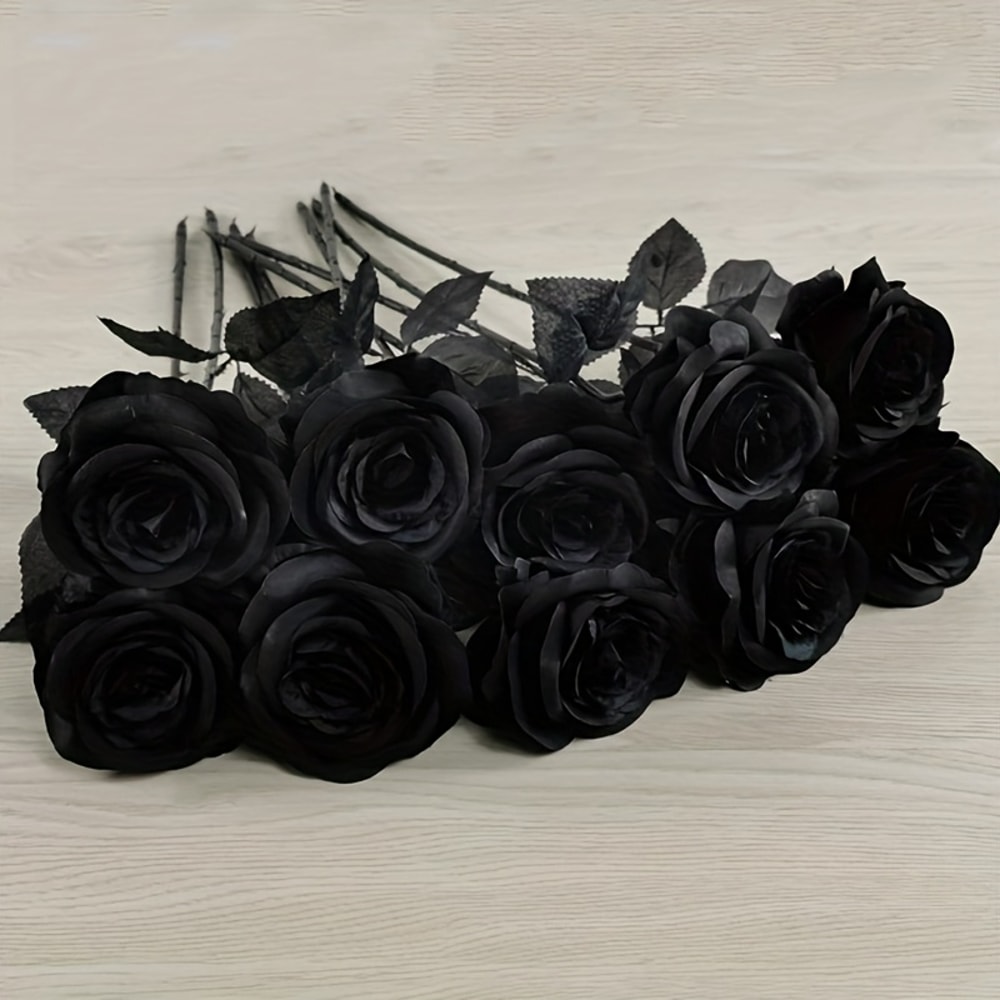 Artificial Black Roses Fake Flowers, Long Stem for Halloween, Wedding Party, Tabletop Home Decor
