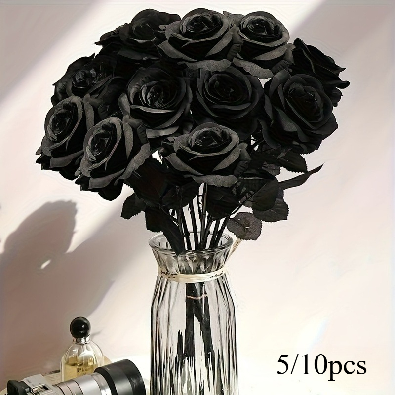 Artificial Black Roses Fake Flowers, Long Stem for Halloween, Wedding Party, Tabletop Home Decor