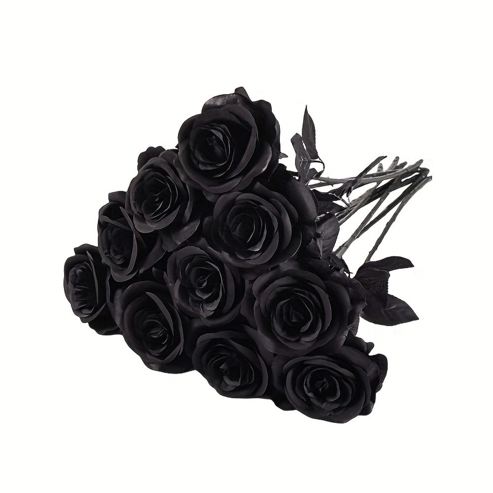 Artificial Black Roses Fake Flowers, Long Stem for Halloween, Wedding Party, Tabletop Home Decor