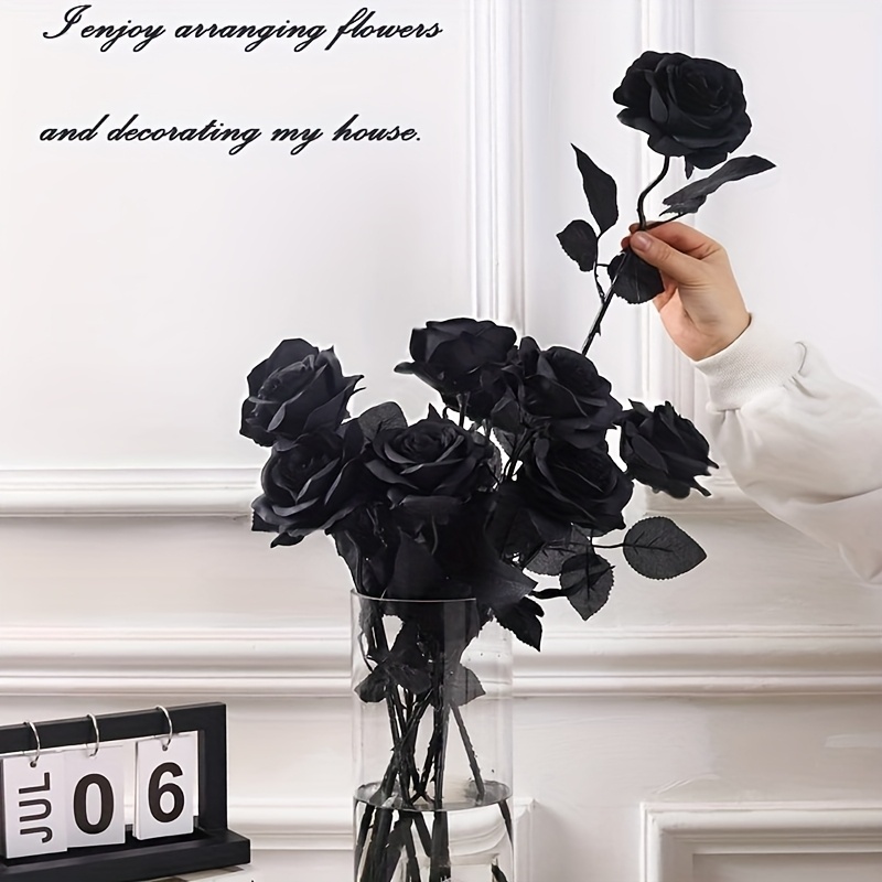 Artificial Black Roses Fake Flowers, Long Stem for Halloween, Wedding Party, Tabletop Home Decor