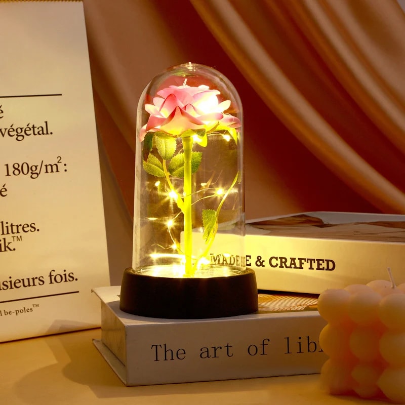Red Rose Artificial Flowers, Creative Valentine's Day Gift, LED Light Up Galaxy Rose in Glass Cover for Mothers Day