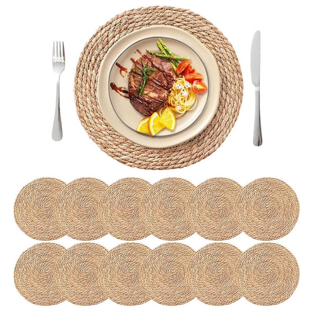 Round Woven Placemats Set Boho Rattan Placemat Natural Straw Braided Table Mat Farmhouse Weave Dinn 0
