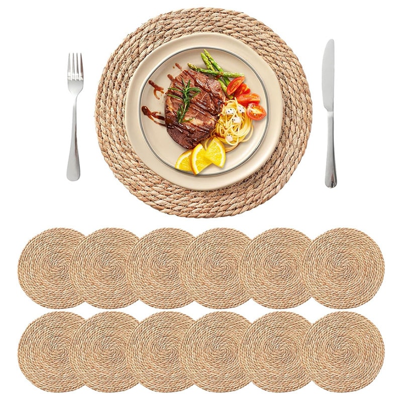 Round Woven Placemats Set Boho Rattan Placemat Natural Straw Braided Table Mat Farmhouse Weave Dinn 0
