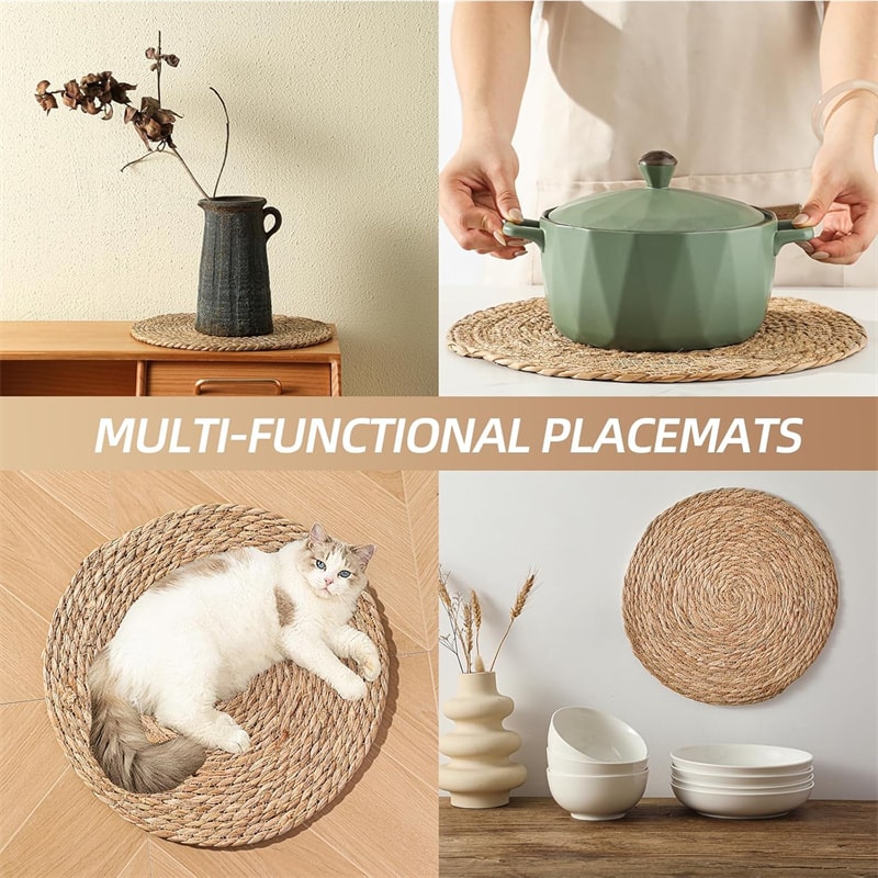 Round Woven Placemats Set Boho Rattan Placemat Natural Straw Braided Table Mat Farmhouse Weave Dinn 4