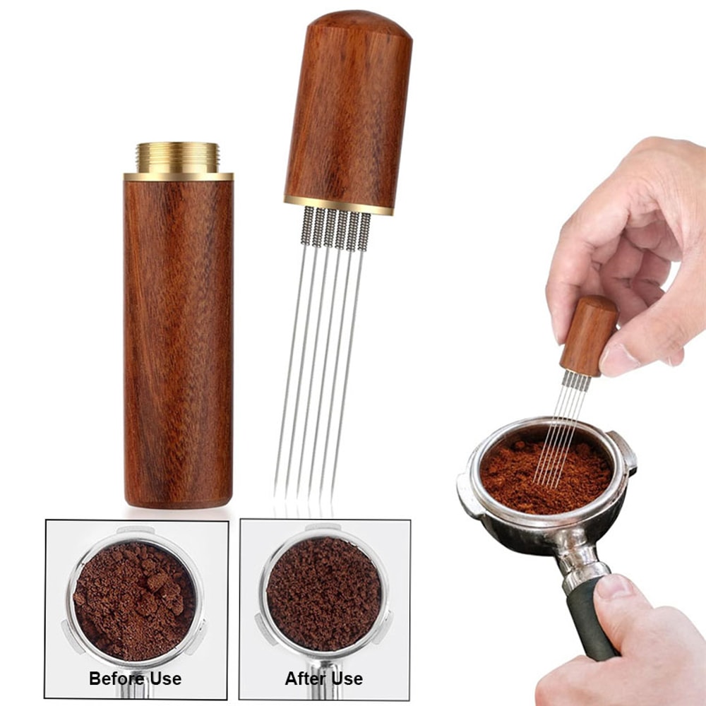 Stainless Steel 6-pin Espresso Distribution Tool, Coffee Distributor, Espresso Stirrer with Walnut Handle, Replaceable