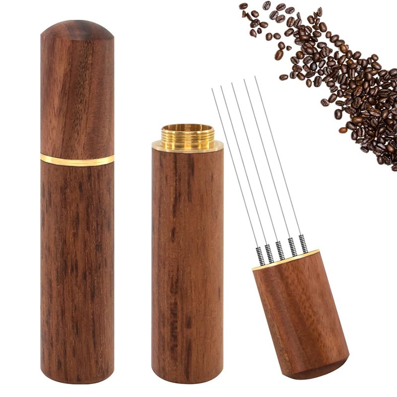 Stainless Steel 6-pin Espresso Distribution Tool, Coffee Distributor, Espresso Stirrer with Walnut Handle, Replaceable