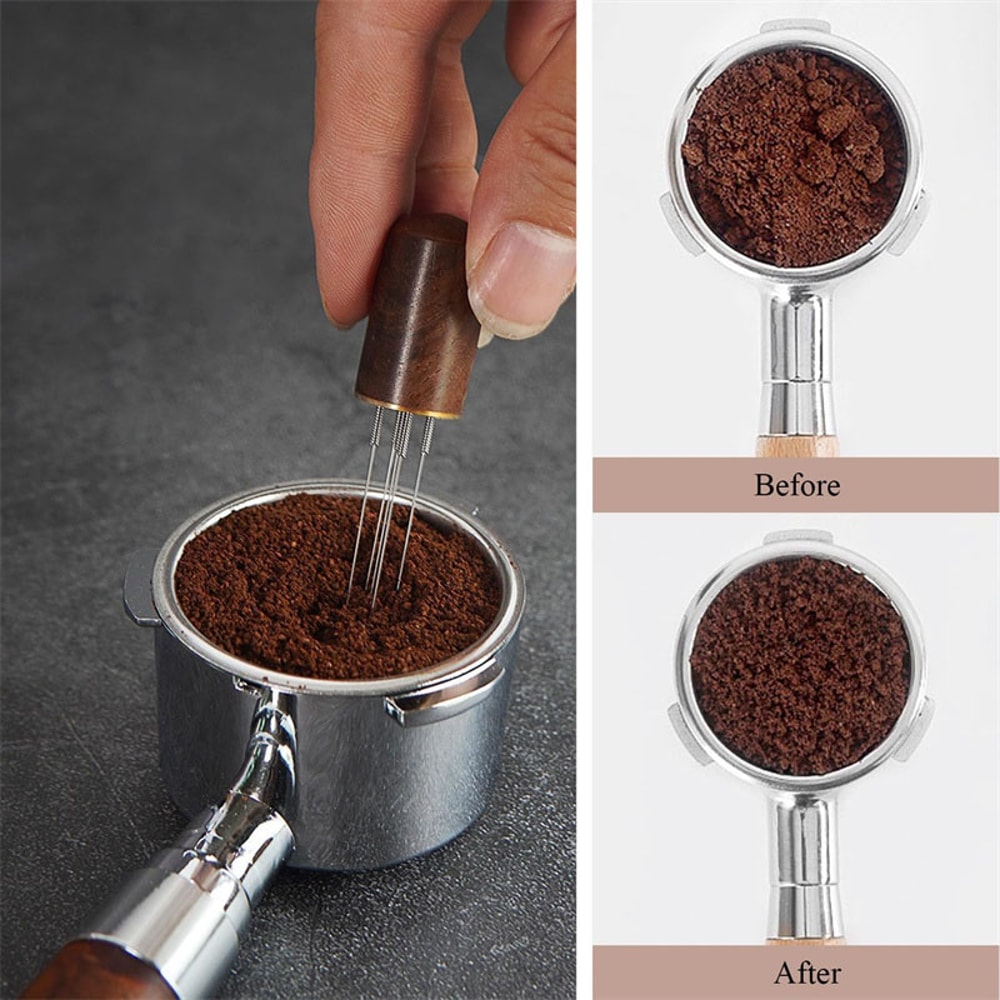Stainless Steel 6-pin Espresso Distribution Tool, Coffee Distributor, Espresso Stirrer with Walnut Handle, Replaceable