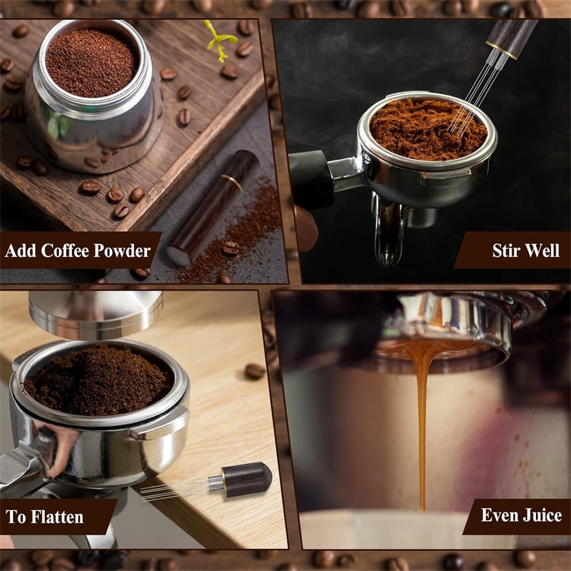 Stainless Steel 6-pin Espresso Distribution Tool, Coffee Distributor, Espresso Stirrer with Walnut Handle, Replaceable