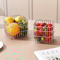 desktop square storage basket, stainless steel draining fruit and vegetable storage bucket for kitchen, metal desktop