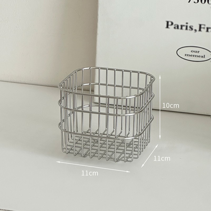 Desktop Square Storage Basket, Stainless Steel Draining Fruit and Vegetable Storage Bucket for Kitchen, Metal Desktop