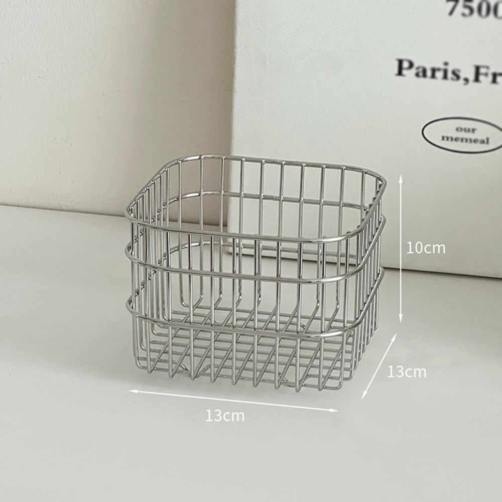 Desktop Square Storage Basket, Stainless Steel Draining Fruit and Vegetable Storage Bucket for Kitchen, Metal Desktop