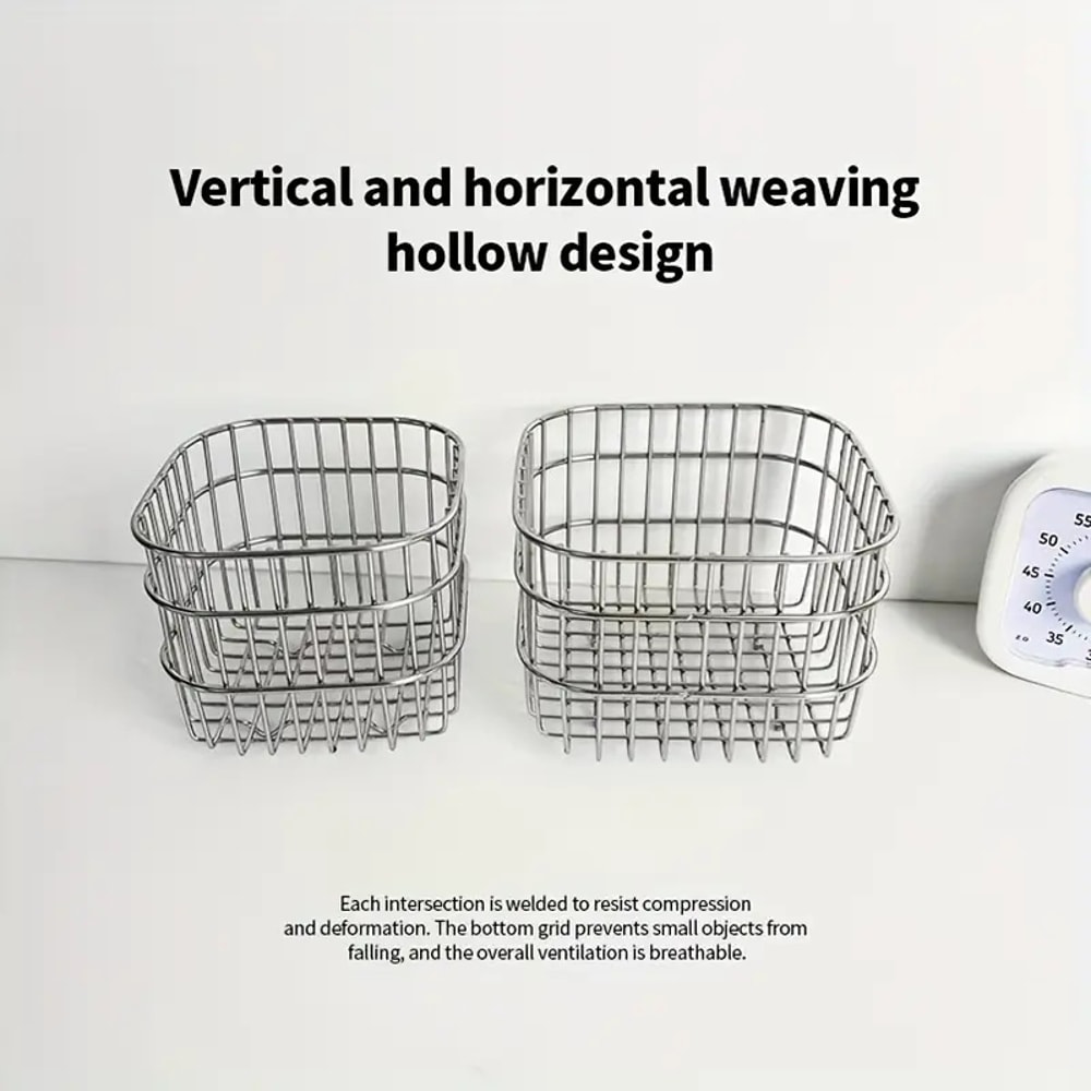 Desktop Square Storage Basket, Stainless Steel Draining Fruit and Vegetable Storage Bucket for Kitchen, Metal Desktop