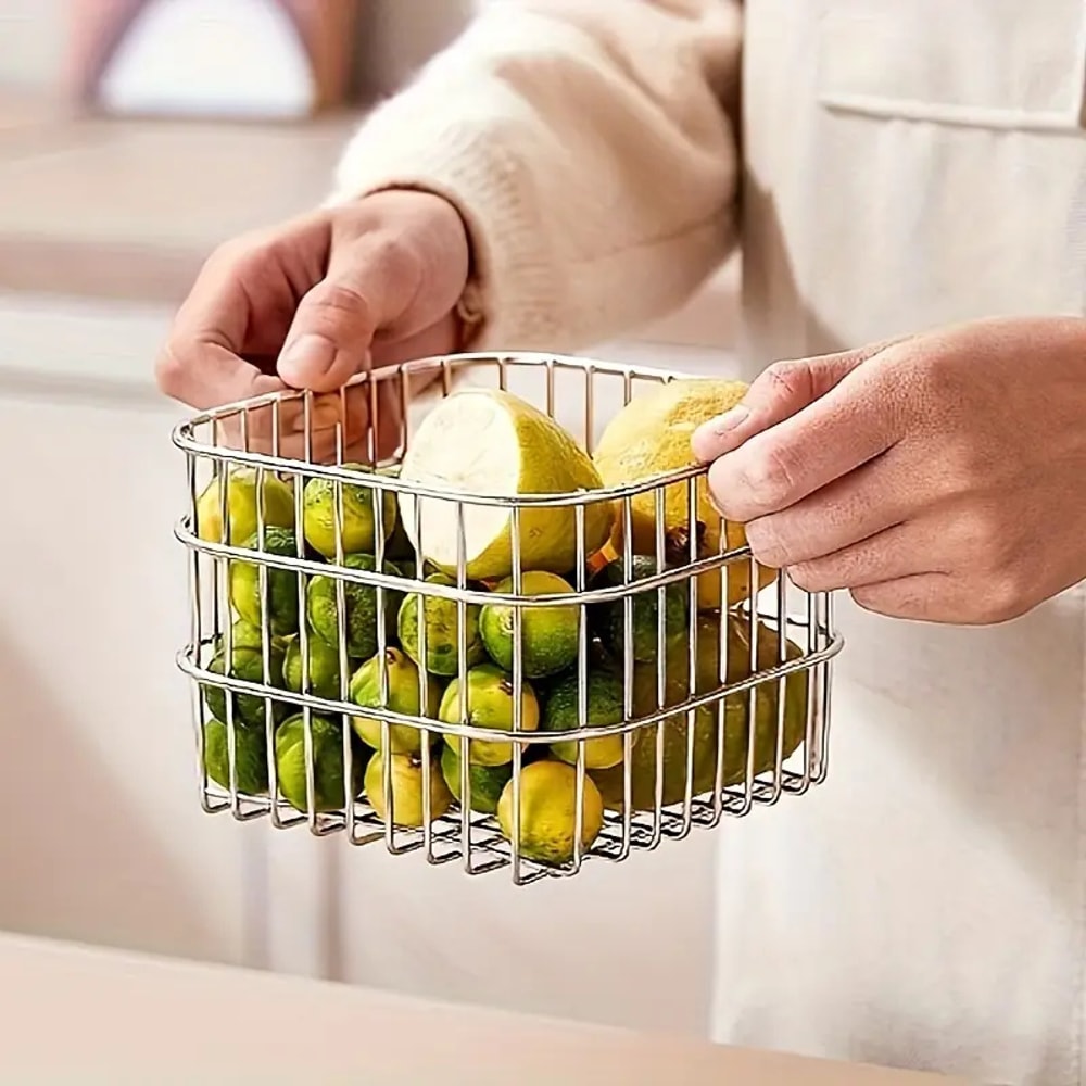Desktop Square Storage Basket, Stainless Steel Draining Fruit and Vegetable Storage Bucket for Kitchen, Metal Desktop