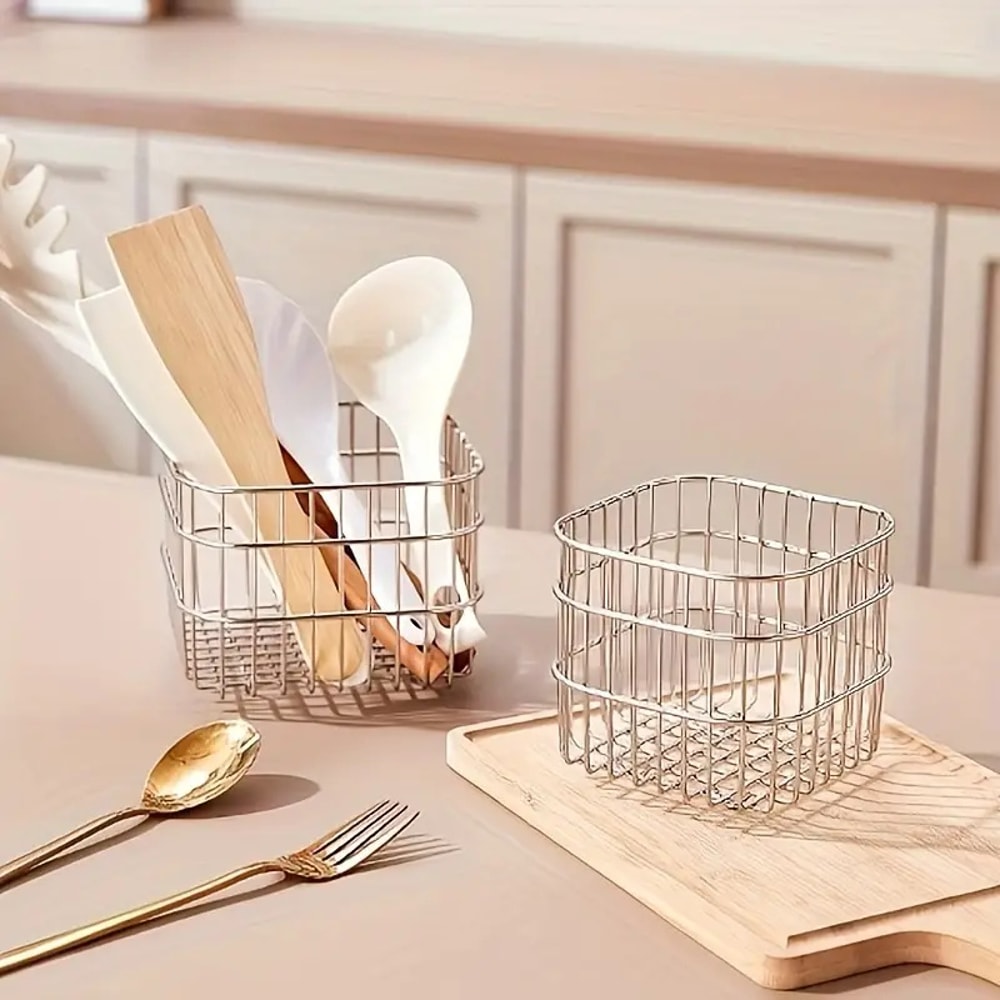 Desktop Square Storage Basket, Stainless Steel Draining Fruit and Vegetable Storage Bucket for Kitchen, Metal Desktop