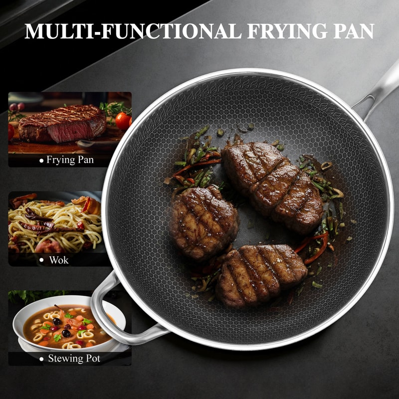 Hybrid Wok With Lid PFOA Free Non Stick Wok Pan Stainless Steel Stir Fry Pan For Cooking 2